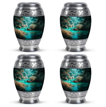 Sea Green Teal Fishing Cremation Urn urn with complimentary velvet bag - ornate monarch-style fishing relief on brushed aluminum - 10 inch aluminum urn for cremated remains