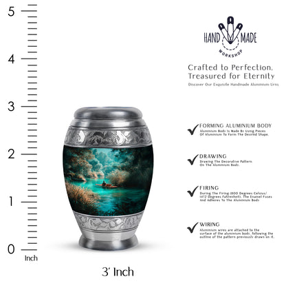 Ocean Teal Fishing Cremation Urn lifestyle display on memorial shelf - regal fishing design with crown-inspired accents - mini keepsake memorial for portion of cremation ashes