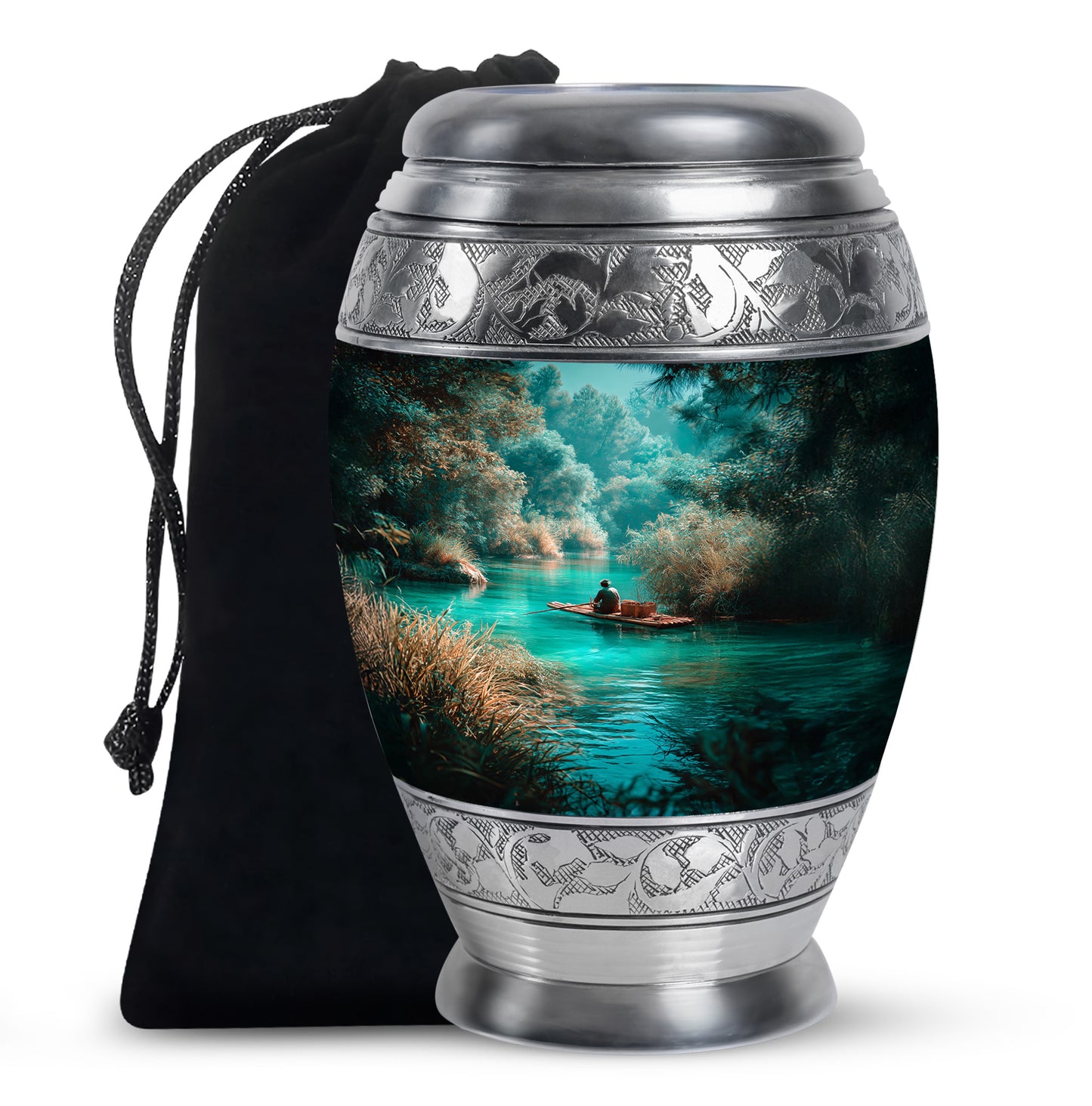 Vivid Teal Fishing Cremation Urn back view with polished surface - royal fishing engraving with decorative scrollwork - full-size 10 inch 200 cubic inch adult cremation urn