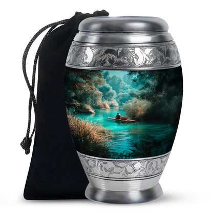 Vivid Teal Fishing Cremation Urn back view with polished surface - royal fishing engraving with decorative scrollwork - full-size 10 inch 200 cubic inch adult cremation urn
