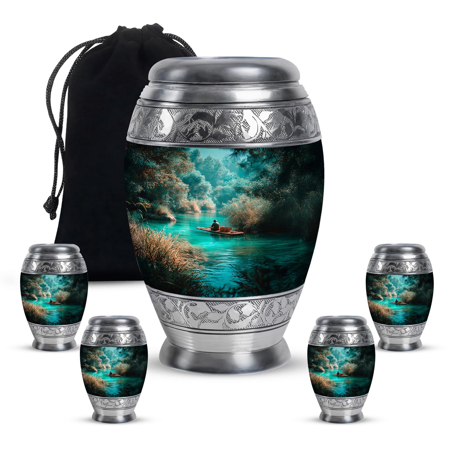 Jewel Teal Fishing Cremation Urn detail view - regal fishing design with crown-inspired accents - memorial set with one large and four small urns