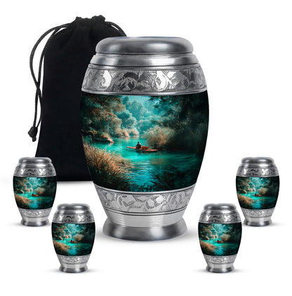 Jewel Teal Fishing Cremation Urn detail view - regal fishing design with crown-inspired accents - memorial set with one large and four small urns