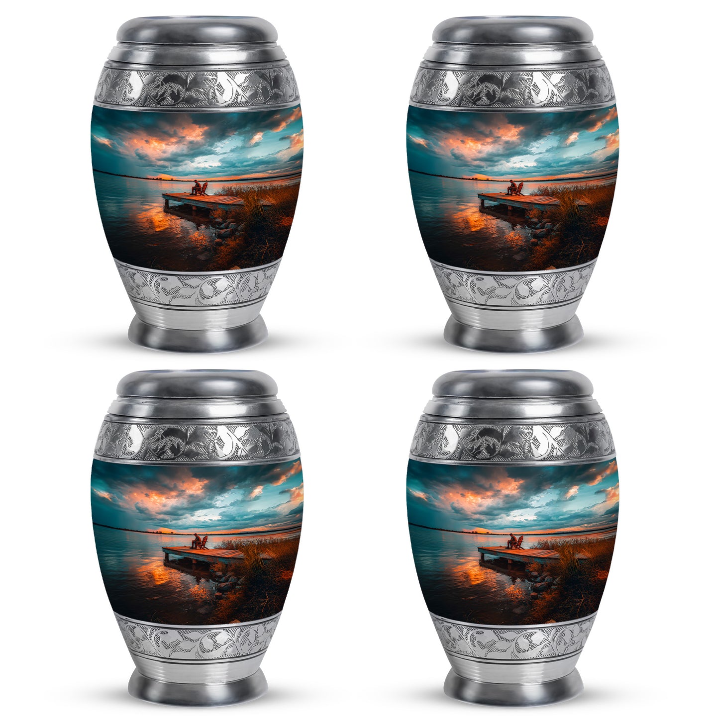 Deep Teal Fishing Cremation Urn urn with complimentary velvet bag - majestic fishing pattern with filigree border - 10 inch aluminum urn for cremated remains