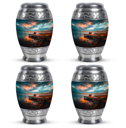 Deep Teal Fishing Cremation Urn urn with complimentary velvet bag - majestic fishing pattern with filigree border - 10 inch aluminum urn for cremated remains