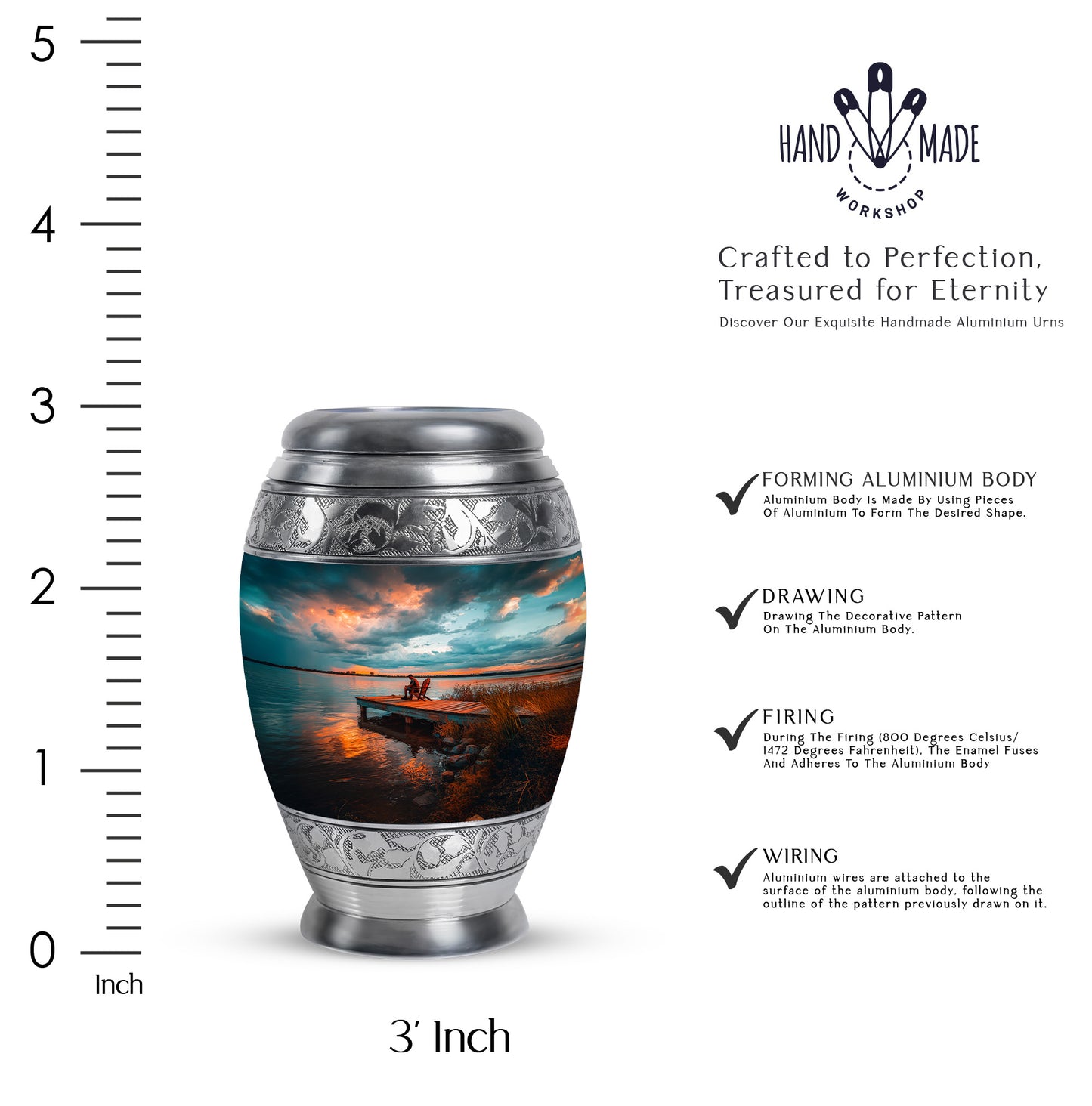 Tropical Teal Fishing Cremation Urn lifestyle display on memorial shelf - royal fishing engraving with decorative scrollwork - mini keepsake memorial for portion of cremation ashes