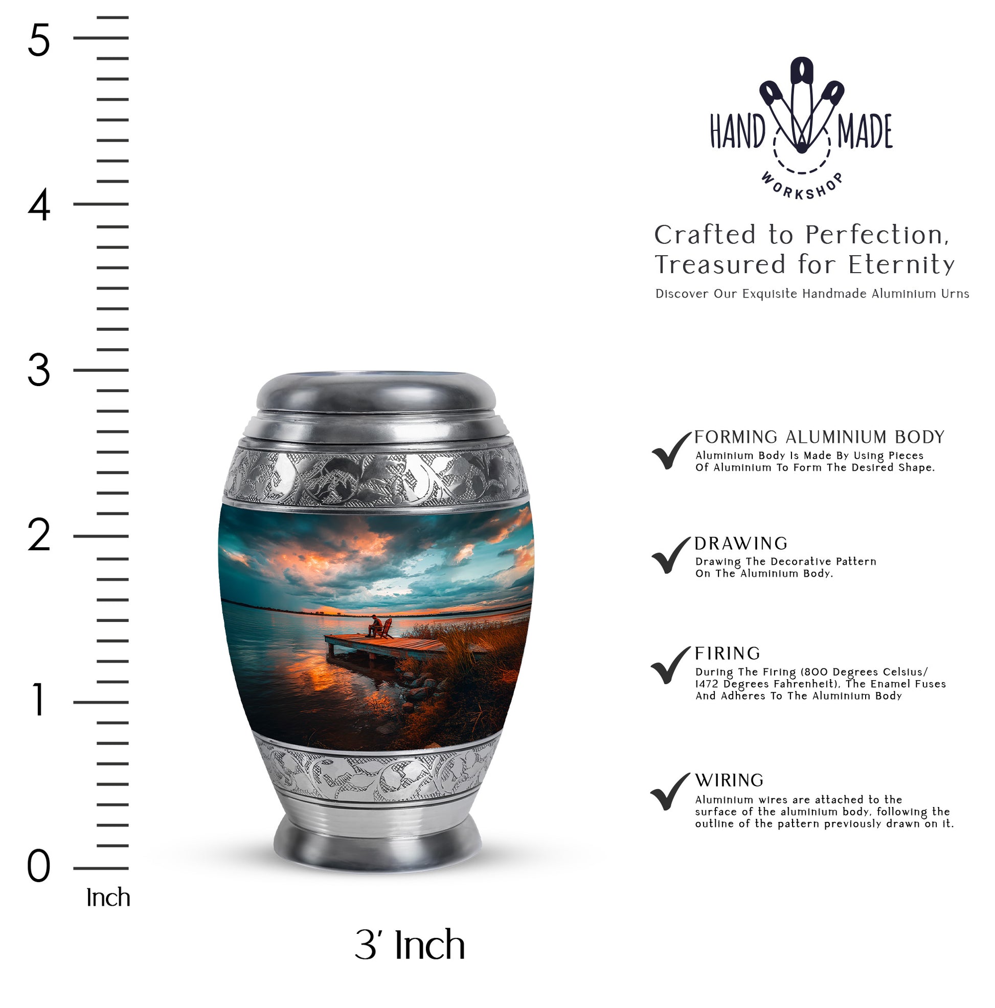 Tropical Teal Fishing Cremation Urn lifestyle display on memorial shelf - royal fishing engraving with decorative scrollwork - mini keepsake memorial for portion of cremation ashes