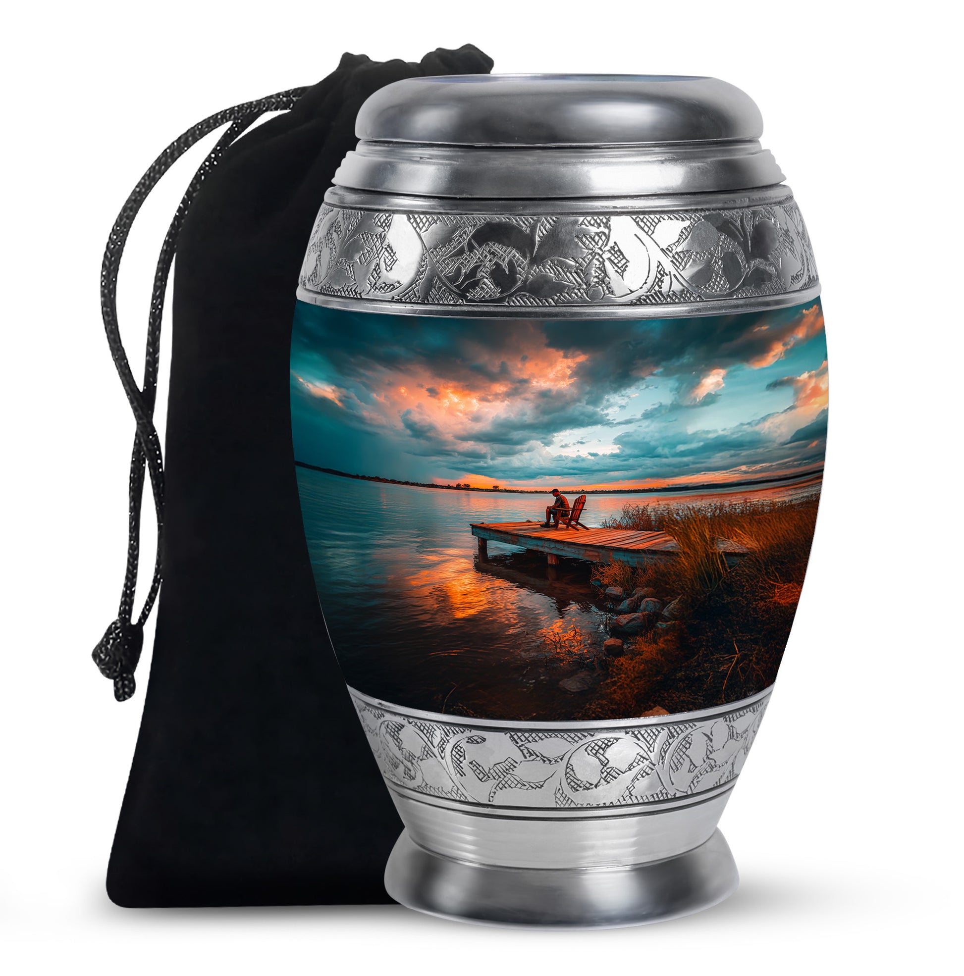 Aqua Teal Fishing Cremation Urn back view with polished surface - majestic fishing pattern with filigree border - full-size 10 inch 200 cubic inch adult cremation urn