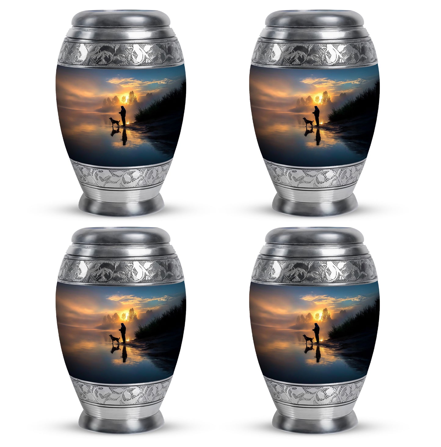 Sky Blue Fishing Cremation Urn urn with complimentary velvet bag - ornate monarch-style fishing relief on brushed aluminum - 10 inch aluminum urn for cremated remains