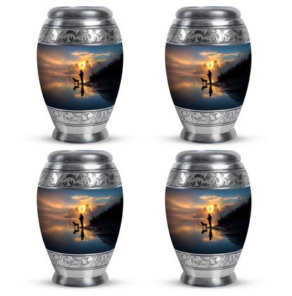 Sky Blue Fishing Cremation Urn urn with complimentary velvet bag - ornate monarch-style fishing relief on brushed aluminum - 10 inch aluminum urn for cremated remains