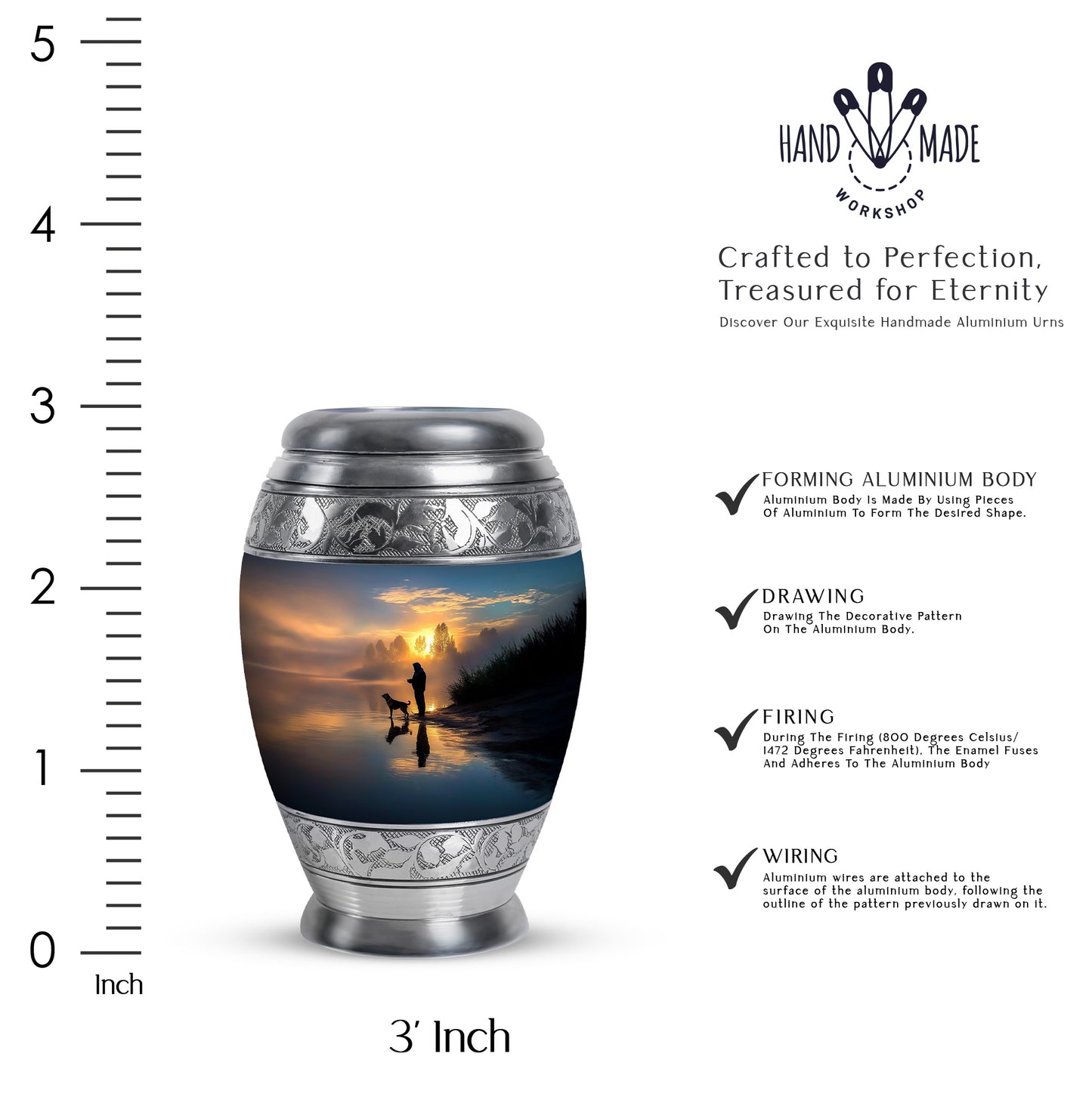 Twilight Blue Fishing Cremation Urn lifestyle display on memorial shelf - royal fishing engraving with decorative scrollwork - mini keepsake memorial for portion of cremation ashes