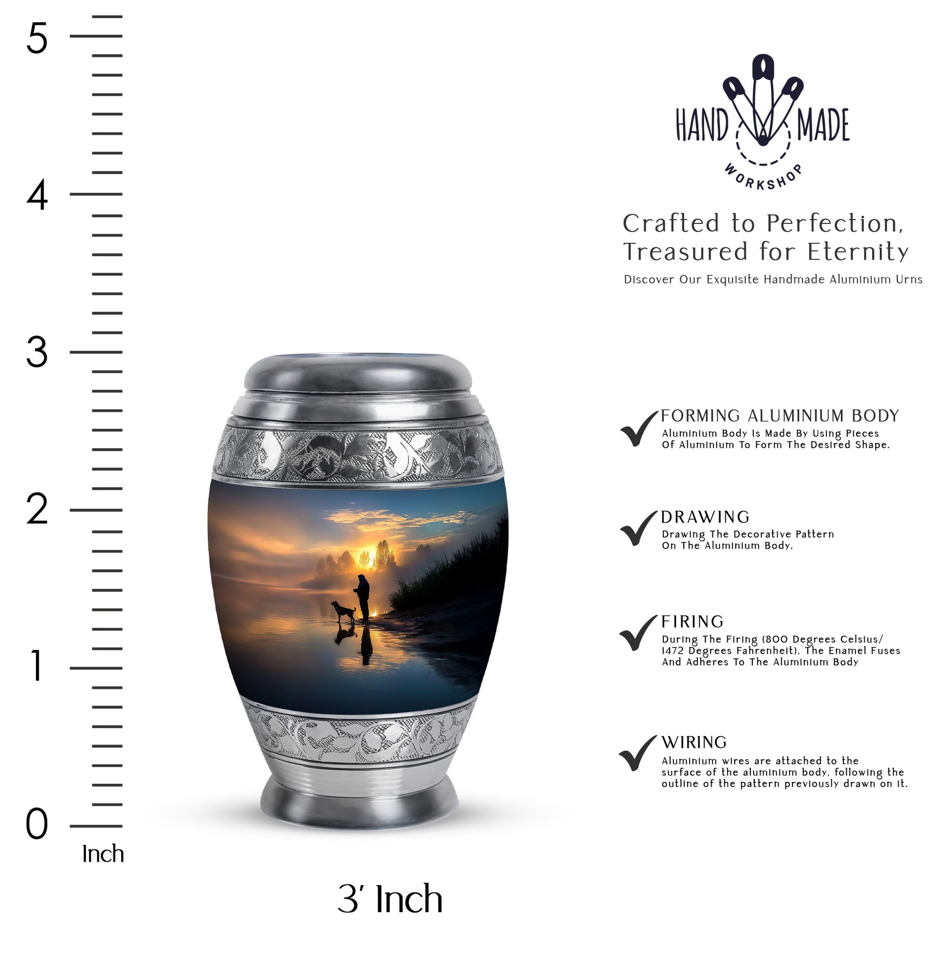 Twilight Blue Fishing Cremation Urn lifestyle display on memorial shelf - royal fishing engraving with decorative scrollwork - mini keepsake memorial for portion of cremation ashes