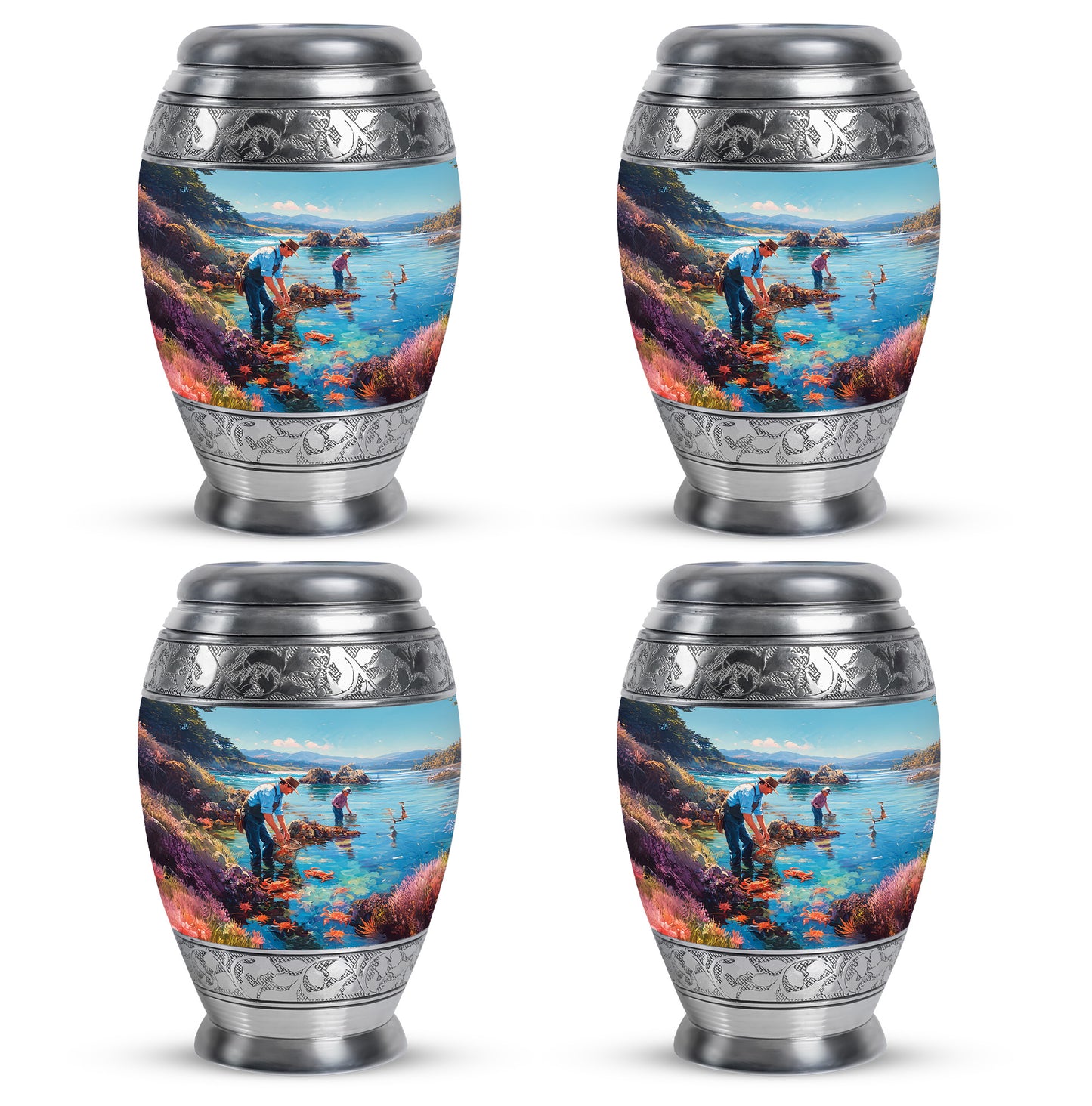 Ocean Teal Fishing Cremation Urn urn with complimentary velvet bag - ornate monarch-style fishing relief on brushed aluminum - 10 inch aluminum urn for cremated remains