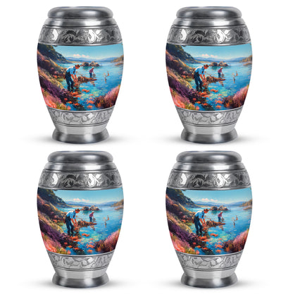 Ocean Teal Fishing Cremation Urn urn with complimentary velvet bag - ornate monarch-style fishing relief on brushed aluminum - 10 inch aluminum urn for cremated remains