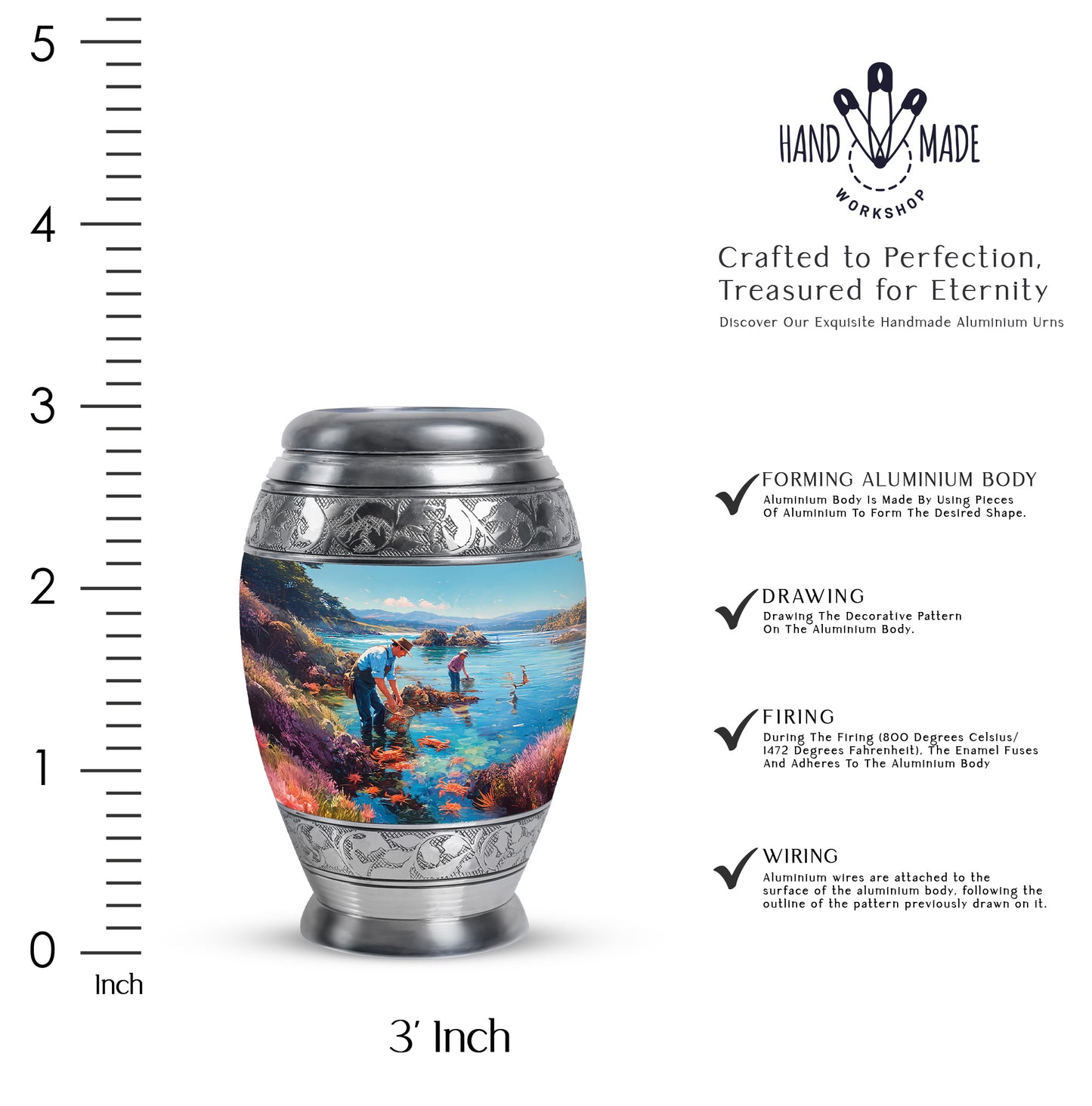 Jewel Teal Fishing Cremation Urn lifestyle display on memorial shelf - ornate monarch-style fishing relief on brushed aluminum - mini keepsake memorial for portion of cremation ashes