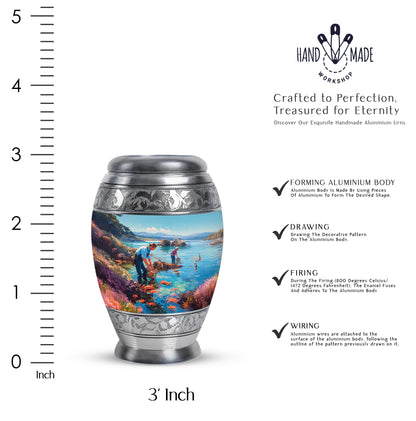 Jewel Teal Fishing Cremation Urn lifestyle display on memorial shelf - ornate monarch-style fishing relief on brushed aluminum - mini keepsake memorial for portion of cremation ashes