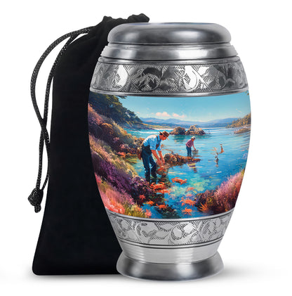 Tropical Teal Fishing Cremation Urn back view with polished surface - majestic fishing pattern with filigree border - full-size 10 inch 200 cubic inch adult cremation urn