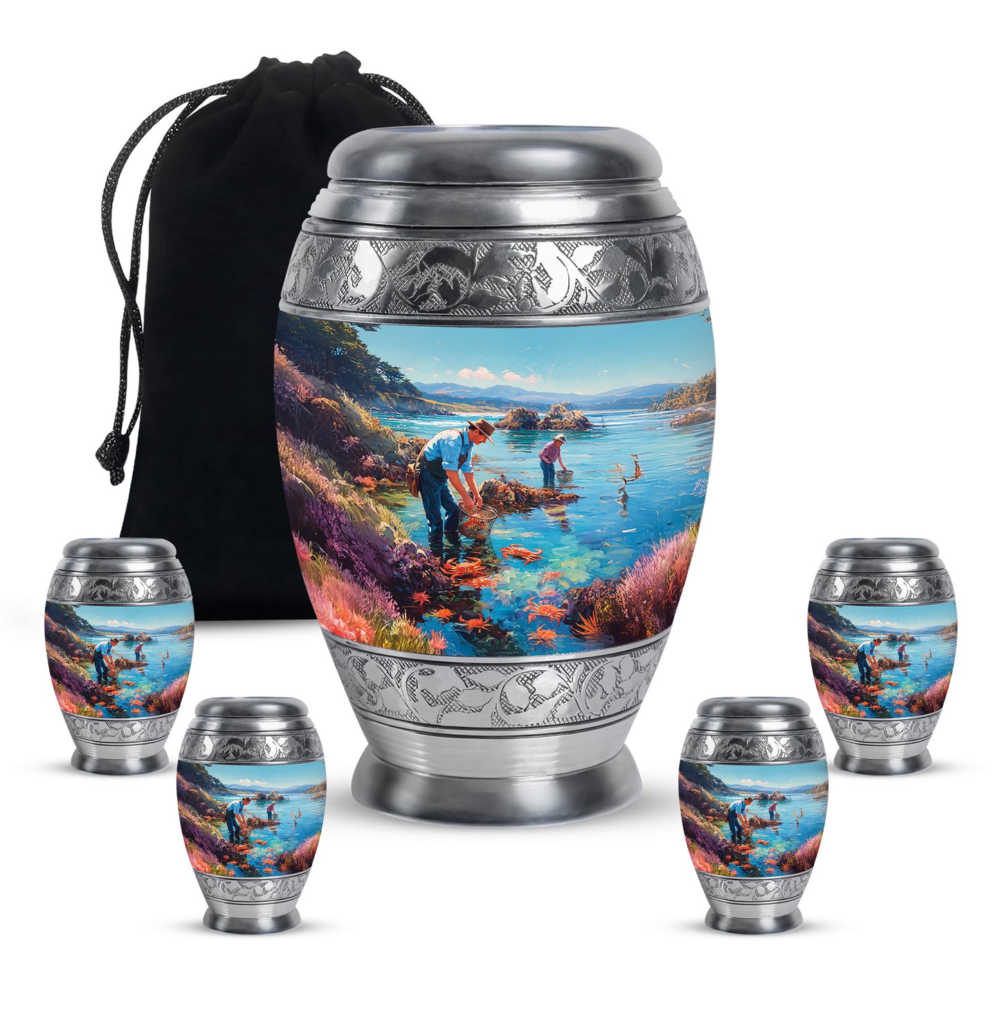 Mystic Teal Fishing Cremation Urn detail view - majestic fishing pattern with filigree border - memorial set with one large and four small urns