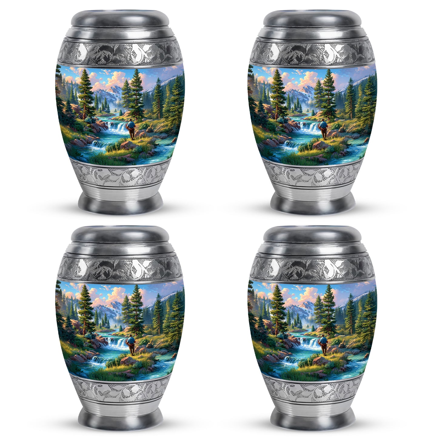 Misty Blue Fishing Cremation Urn urn with complimentary velvet bag - ornate monarch-style fishing relief on brushed aluminum - 10 inch aluminum urn for cremated remains