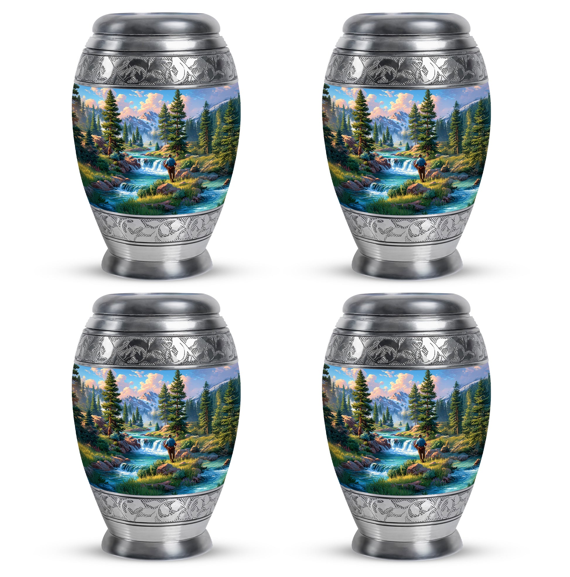 Misty Blue Fishing Cremation Urn urn with complimentary velvet bag - ornate monarch-style fishing relief on brushed aluminum - 10 inch aluminum urn for cremated remains