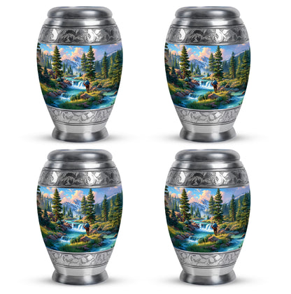 Misty Blue Fishing Cremation Urn urn with complimentary velvet bag - ornate monarch-style fishing relief on brushed aluminum - 10 inch aluminum urn for cremated remains