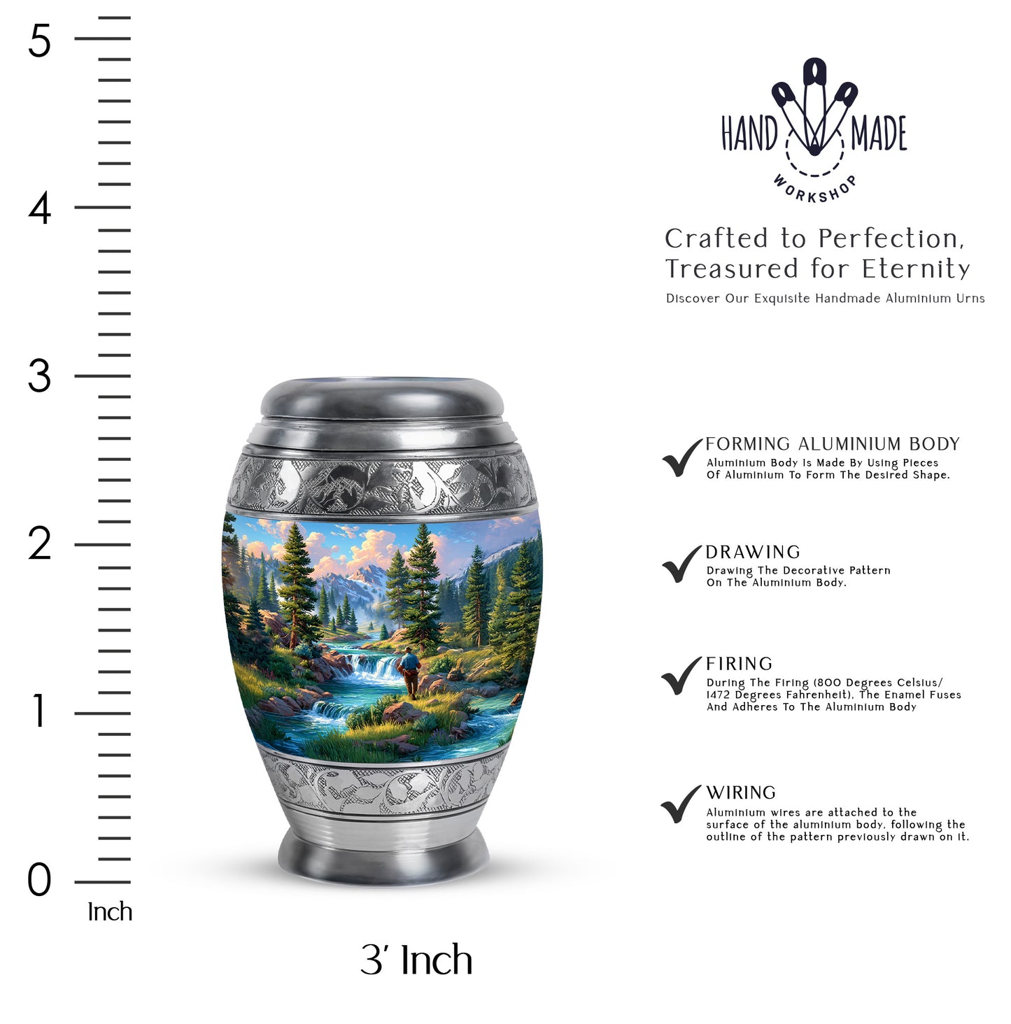 Bright Blue Fishing Cremation Urn lifestyle display on memorial shelf - majestic fishing pattern with filigree border - mini keepsake memorial for portion of cremation ashes
