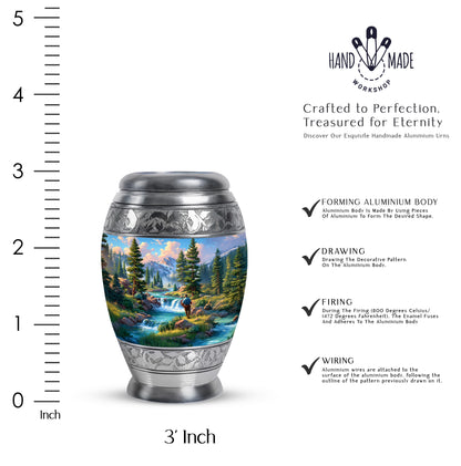 Bright Blue Fishing Cremation Urn lifestyle display on memorial shelf - majestic fishing pattern with filigree border - mini keepsake memorial for portion of cremation ashes