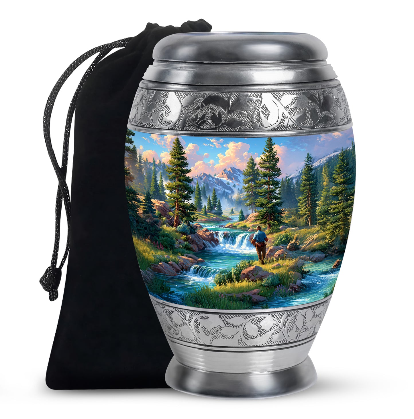 Misty Blue Fishing Cremation Urn back view with polished surface - ornate monarch-style fishing relief on brushed aluminum - full-size 10 inch 200 cubic inch adult cremation urn