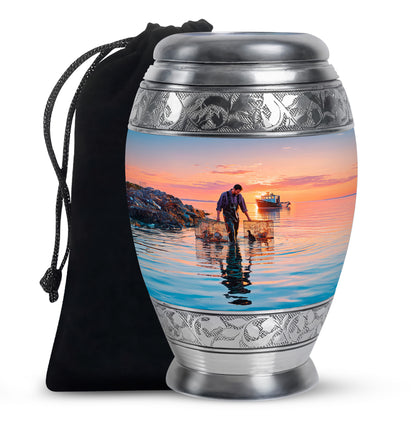 Powder Blue Fishing Cremation Urn back view with polished surface - regal fishing design with crown-inspired accents - full-size 10 inch 200 cubic inch adult cremation urn