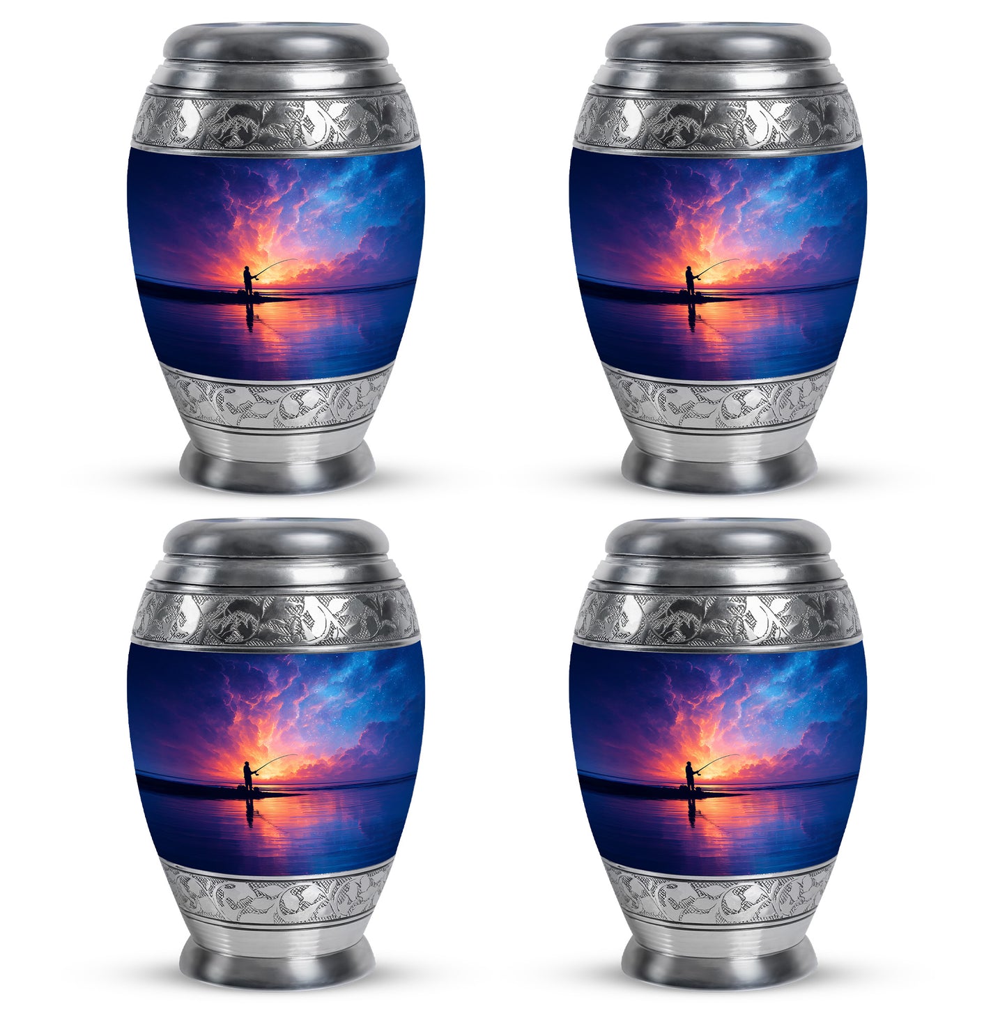 Navy Blue Fishing Cremation Urn urn with complimentary velvet bag - ornate monarch-style fishing relief on brushed aluminum - 10 inch aluminum urn for cremated remains