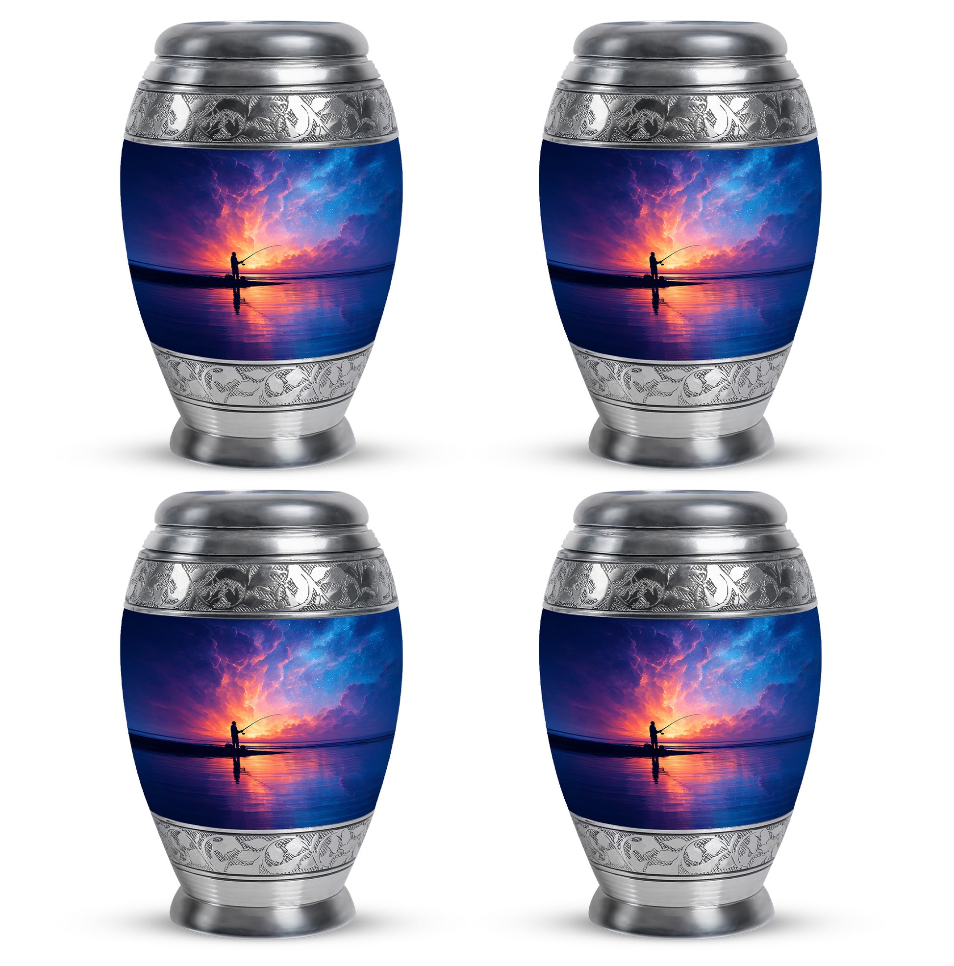 Navy Blue Fishing Cremation Urn urn with complimentary velvet bag - ornate monarch-style fishing relief on brushed aluminum - 10 inch aluminum urn for cremated remains