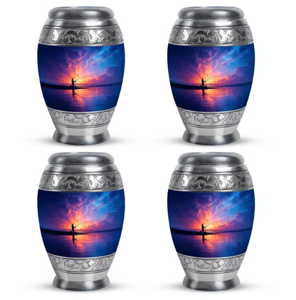 Navy Blue Fishing Cremation Urn urn with complimentary velvet bag - ornate monarch-style fishing relief on brushed aluminum - 10 inch aluminum urn for cremated remains