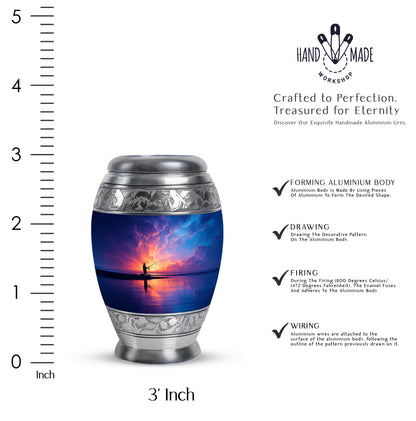 Serene Blue Fishing Cremation Urn lifestyle display on memorial shelf - majestic fishing pattern with filigree border - mini keepsake memorial for portion of cremation ashes