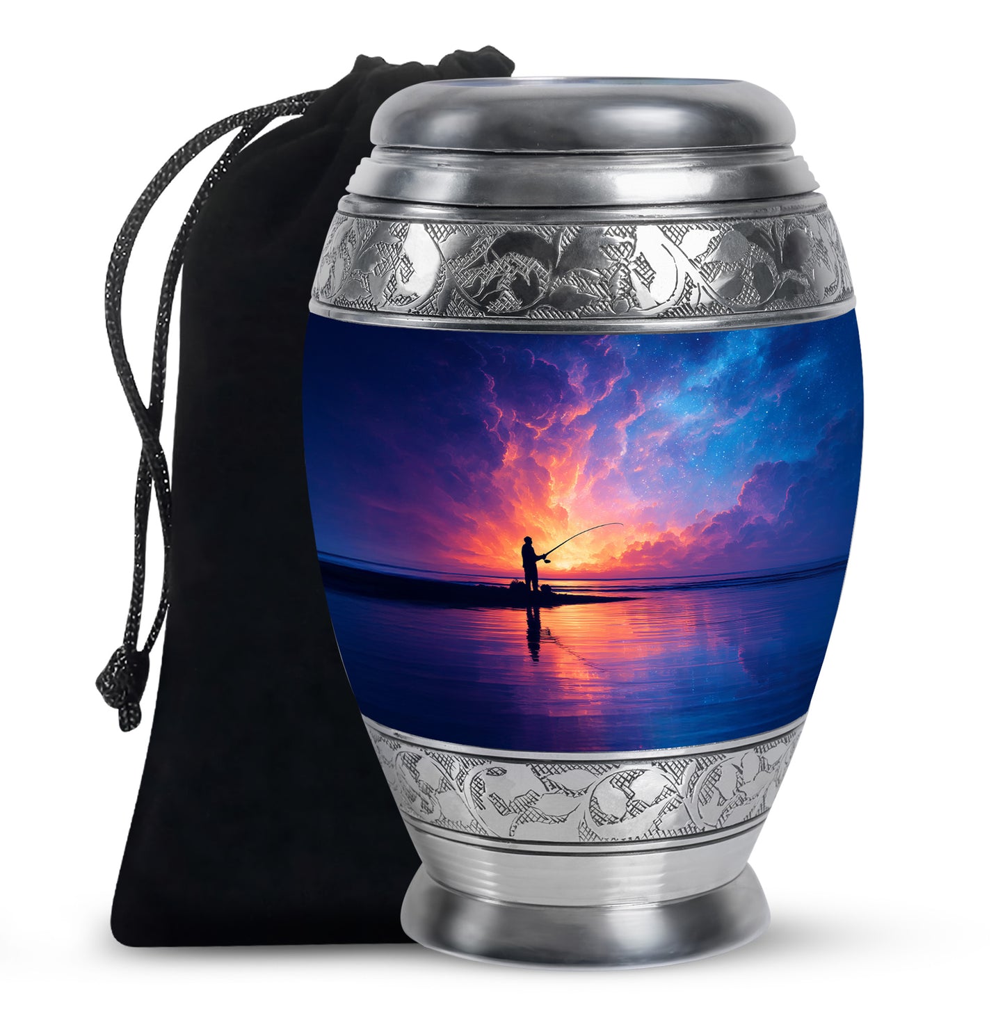 Navy Blue Fishing Cremation Urn back view with polished surface - regal fishing design with crown-inspired accents - full-size 10 inch 200 cubic inch adult cremation urn