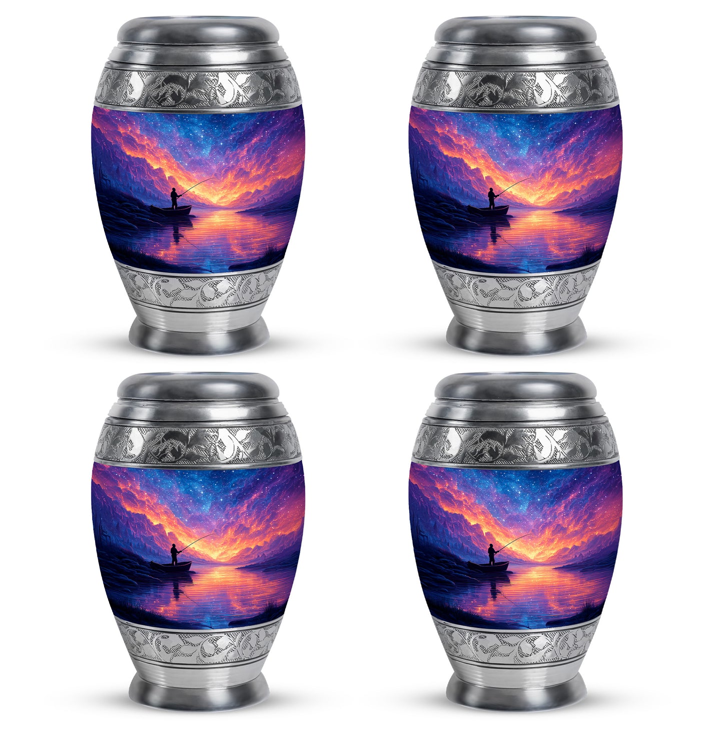 Misty Blue Fishing Cremation Urn urn with complimentary velvet bag - regal fishing design with crown-inspired accents - 10 inch aluminum urn for cremated remains