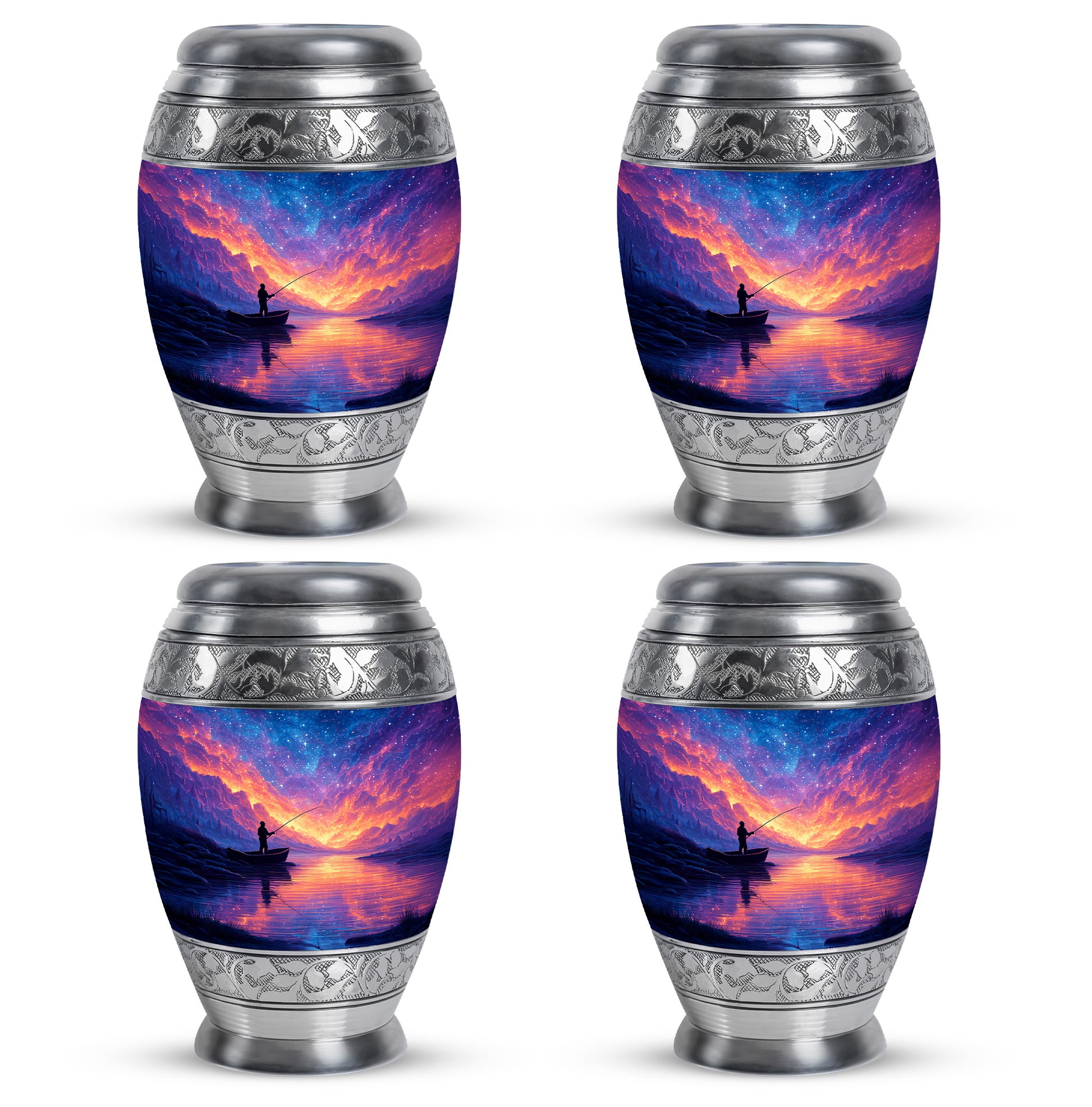Misty Blue Fishing Cremation Urn urn with complimentary velvet bag - regal fishing design with crown-inspired accents - 10 inch aluminum urn for cremated remains