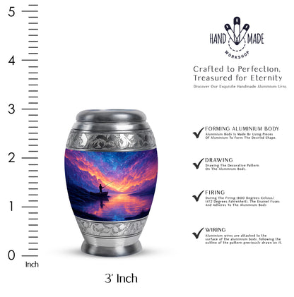 Soft Blue Fishing Cremation Urn lifestyle display on memorial shelf - majestic fishing pattern with filigree border - mini keepsake memorial for portion of cremation ashes
