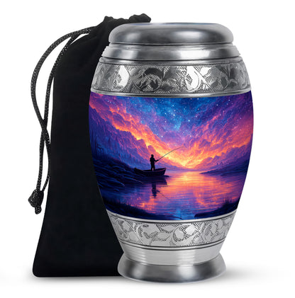 Cornflower Blue Fishing Cremation Urn back view with polished surface - majestic fishing pattern with filigree border - full-size 10 inch 200 cubic inch adult cremation urn