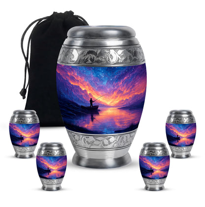 Icy Blue Fishing Cremation Urn detail view - ornate monarch-style fishing relief on brushed aluminum - memorial set with one large and four small urns
