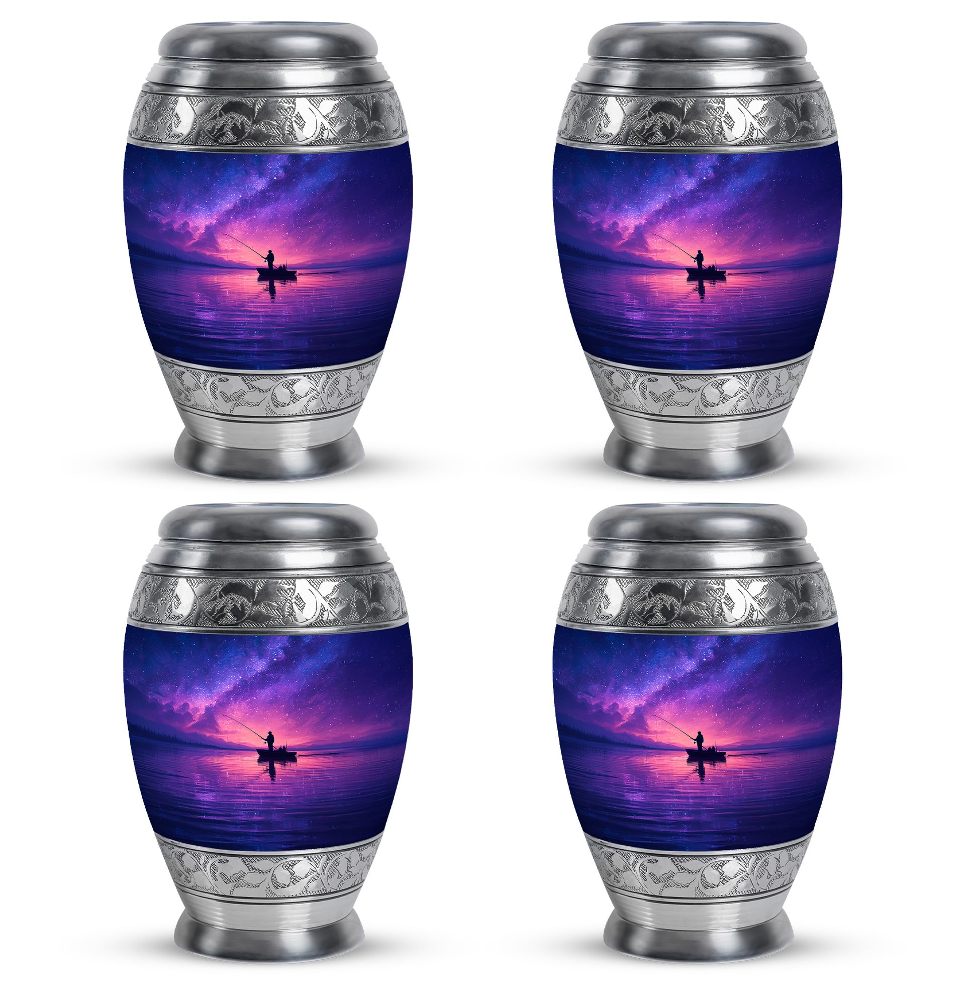 Azure Fishing Cremation Urn urn with complimentary velvet bag - regal fishing design with crown-inspired accents - 10 inch aluminum urn for cremated remains