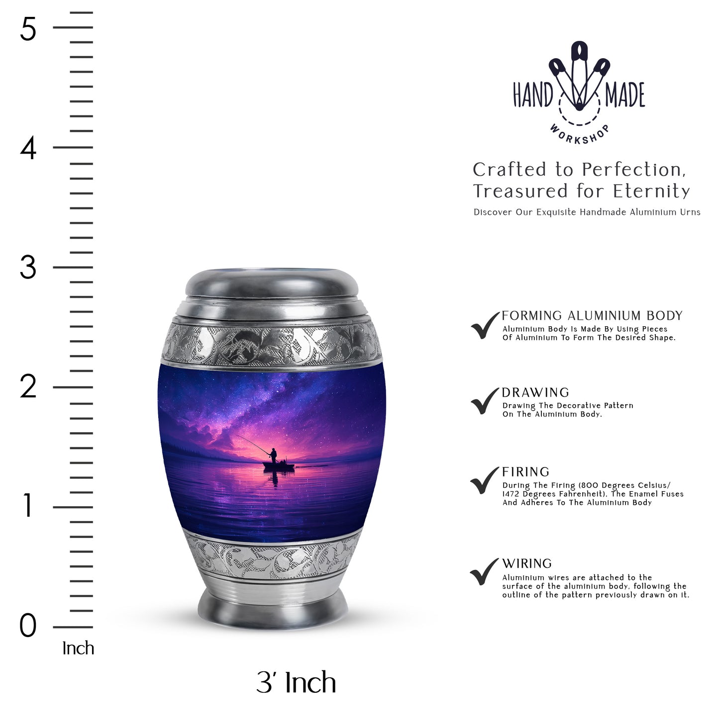Cornflower Blue Fishing Cremation Urn lifestyle display on memorial shelf - royal fishing engraving with decorative scrollwork - mini keepsake memorial for portion of cremation ashes