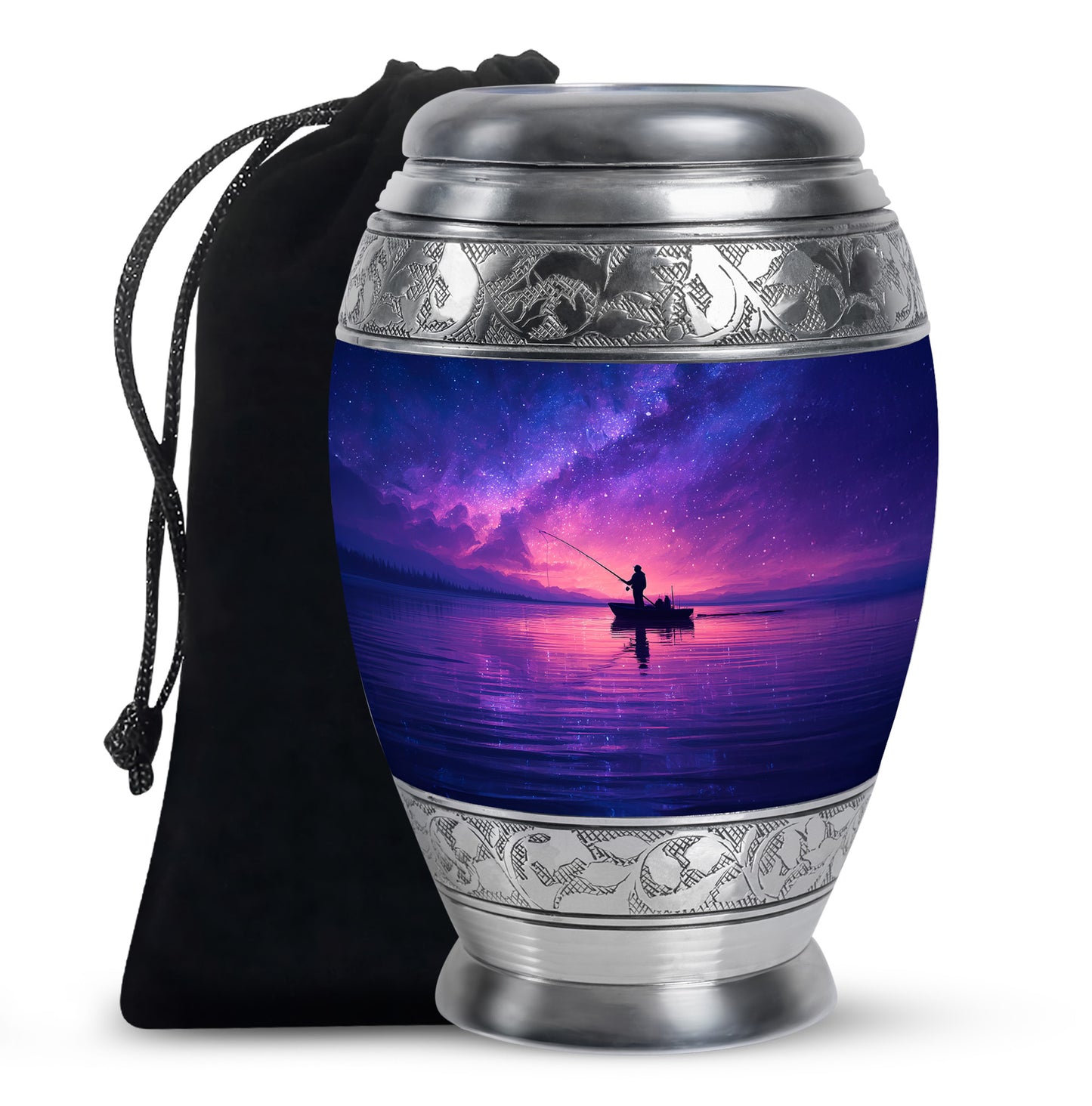 Royal Blue Fishing Cremation Urn back view with polished surface - royal fishing engraving with decorative scrollwork - full-size 10 inch 200 cubic inch adult cremation urn