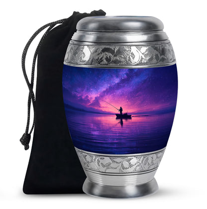 Royal Blue Fishing Cremation Urn back view with polished surface - royal fishing engraving with decorative scrollwork - full-size 10 inch 200 cubic inch adult cremation urn