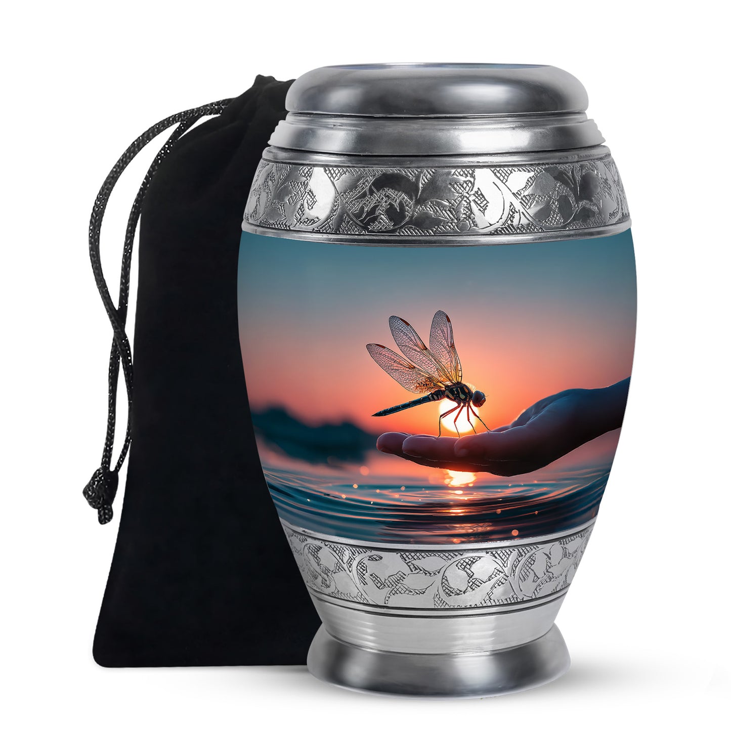 Misty Blue Dragonfly Cremation Urn back view with polished surface - regal dragonfly design with crown-inspired accents - full-size 10 inch 200 cubic inch adult cremation urn