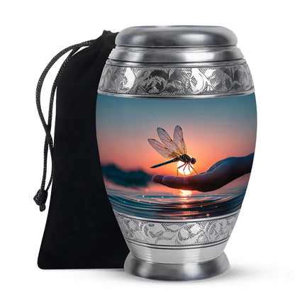 Misty Blue Dragonfly Cremation Urn back view with polished surface - regal dragonfly design with crown-inspired accents - full-size 10 inch 200 cubic inch adult cremation urn