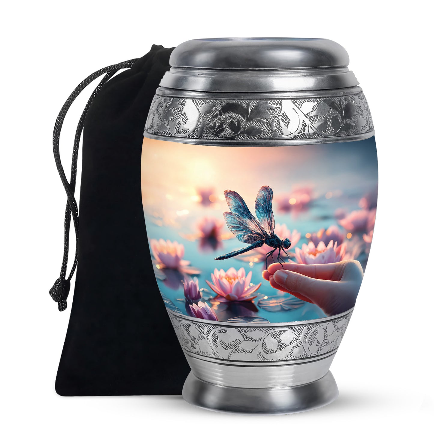 Antique Gold Dragonfly Cremation Urn back view with polished surface - regal dragonfly design with crown-inspired accents - full-size 10 inch 200 cubic inch adult cremation urn