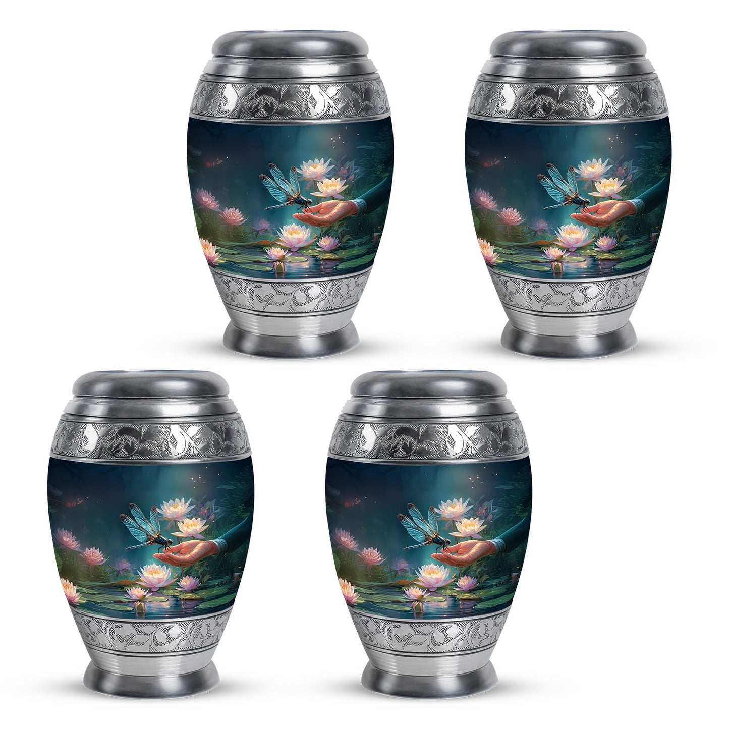 Vivid Blue Dragonfly Cremation Urn urn with complimentary velvet bag - royal dragonfly engraving with decorative scrollwork - 10 inch aluminum urn for cremated remains