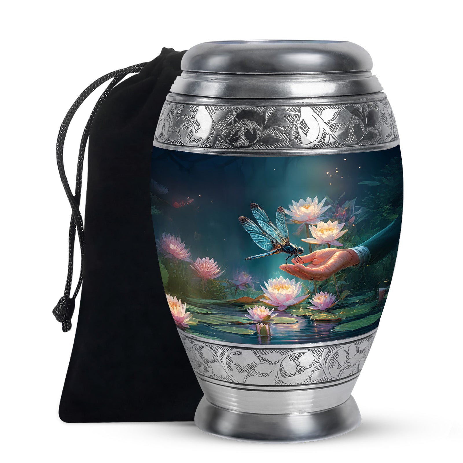 Steel Blue Dragonfly Cremation Urn back view with polished surface - royal dragonfly engraving with decorative scrollwork - full-size 10 inch 200 cubic inch adult cremation urn
