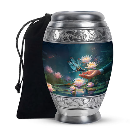 Steel Blue Dragonfly Cremation Urn back view with polished surface - royal dragonfly engraving with decorative scrollwork - full-size 10 inch 200 cubic inch adult cremation urn