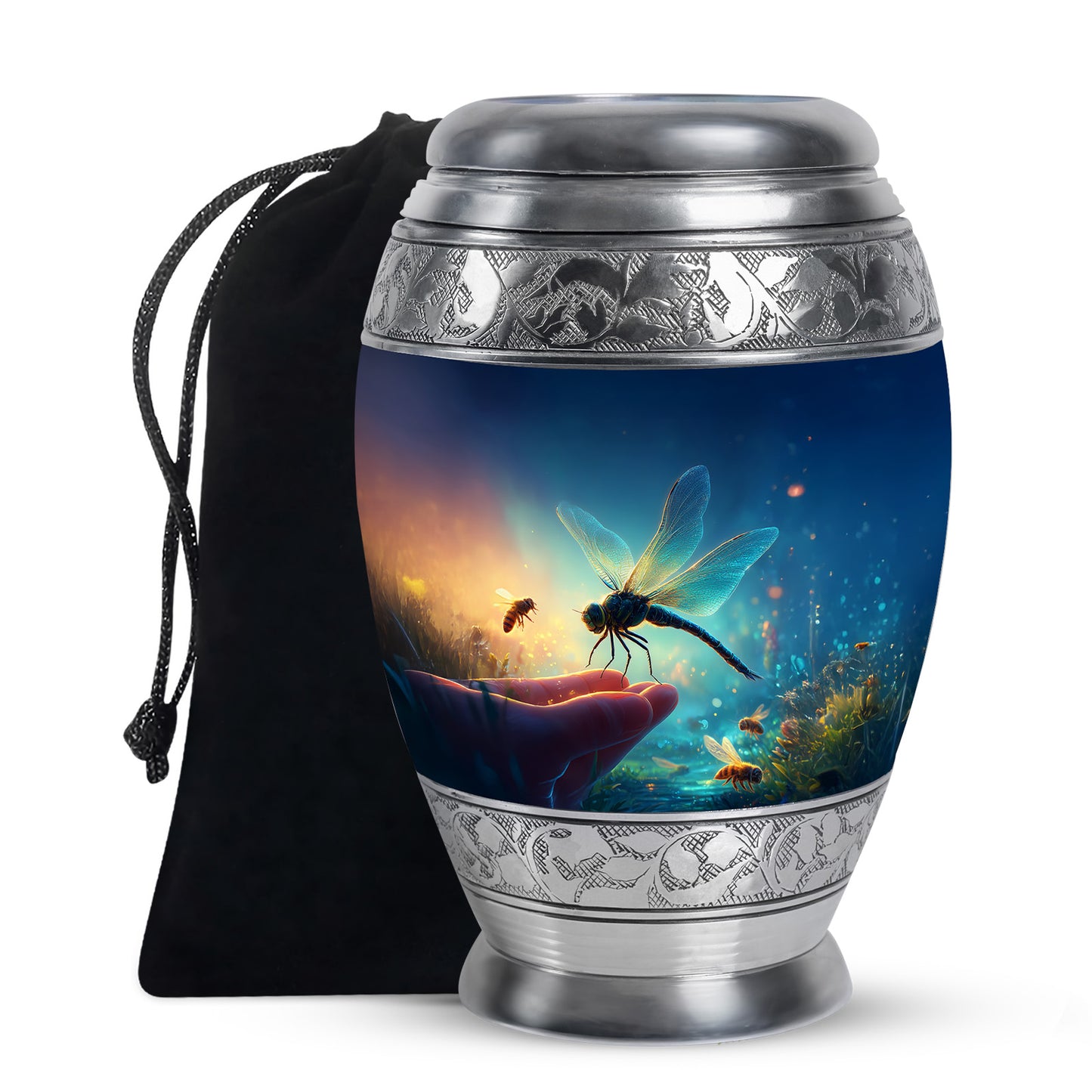 Serene Blue Dragonfly Cremation Urn back view with polished surface - majestic dragonfly pattern with filigree border - full-size 10 inch 200 cubic inch adult cremation urn