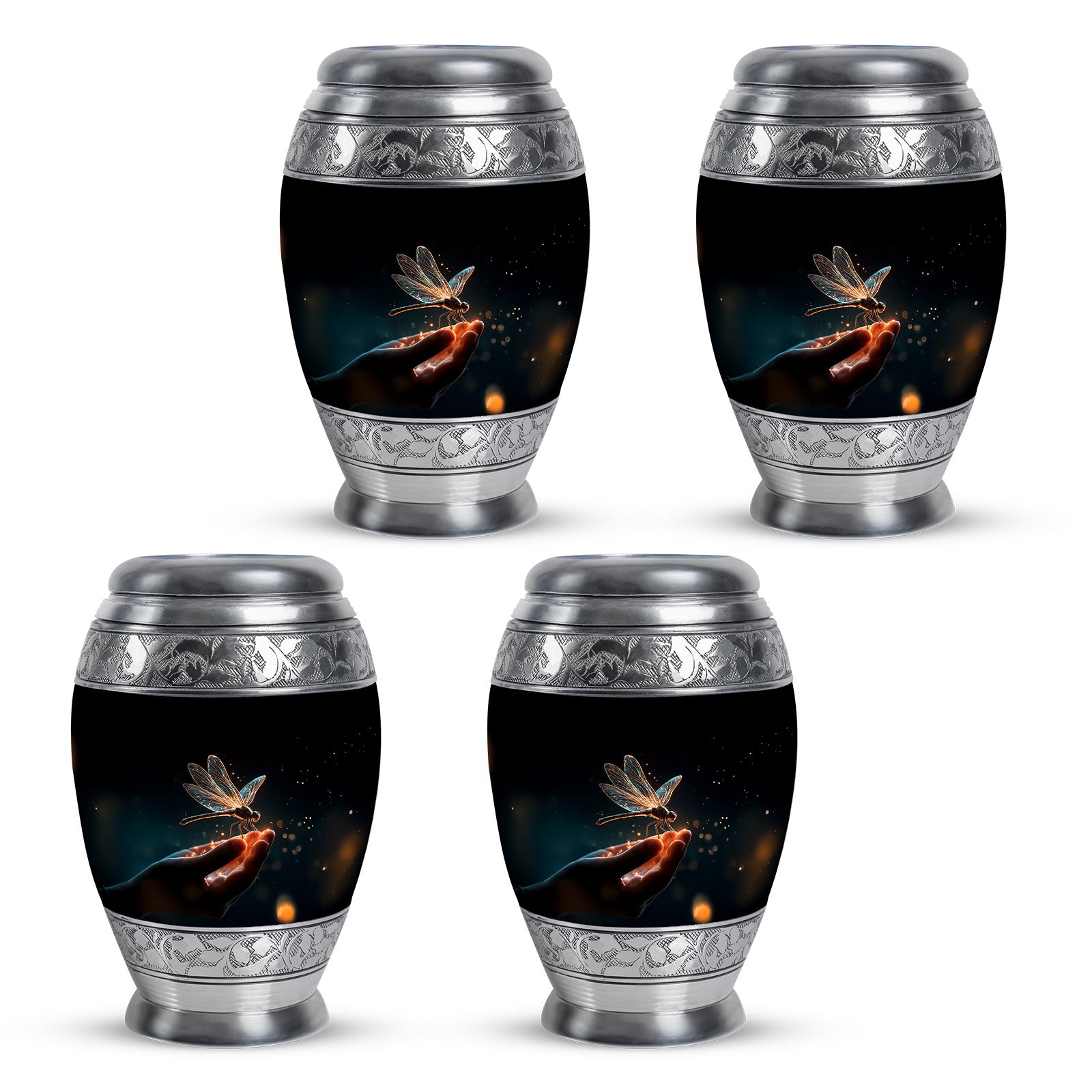 Rich Black Dragonfly Cremation Urn urn with complimentary velvet bag - regal dragonfly design with crown-inspired accents - 10 inch aluminum urn for cremated remains